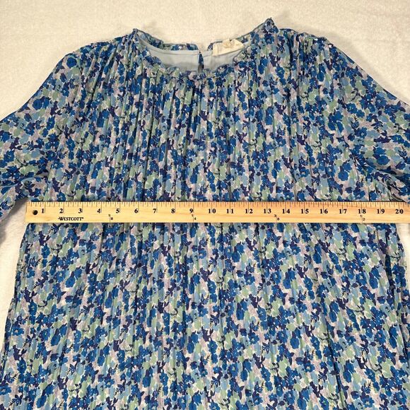 Melloday Mini Shift Dress 3/4 Sleeve Size Large Blue Floral Pleated Ruffle Neck - Picture 7 of 10